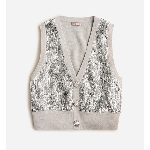 J.Crew Merino Wool V Neck Sweater Vest Silver Sequin Party Preppy Small NWT - Picture 2 of 14